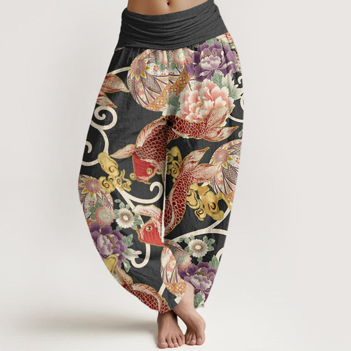 Pantalones harén con cintura elástica para mujer, estampado floral de koi y piedras de Buddha Stones - Negro - US22，UK/AU26，EU54 (6XL) - image 5