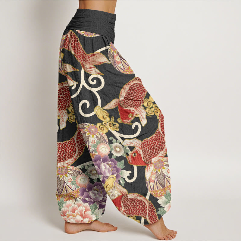 Pantalones harén con cintura elástica para mujer, estampado floral de koi y piedras de Buddha Stones - image 5