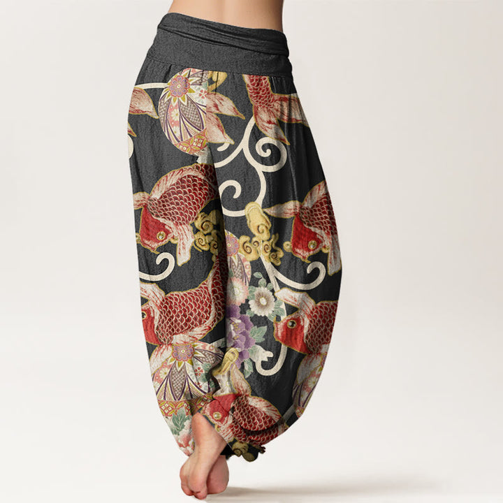 Pantalones harén con cintura elástica para mujer, estampado floral de koi y piedras de Buddha Stones - image 7