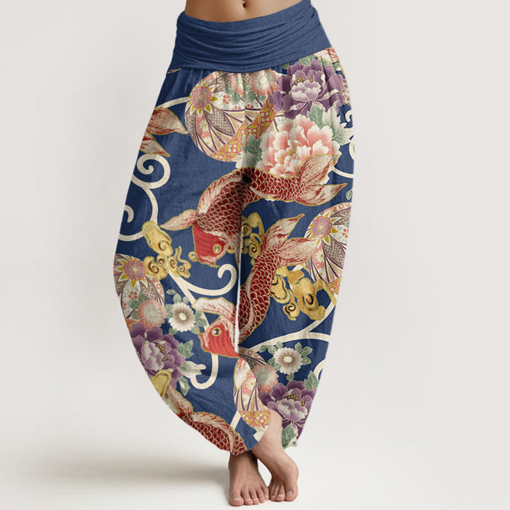 Pantalones harén con cintura elástica para mujer, estampado floral de koi y piedras de Buddha Stones - Azul acero - US22，UK/AU26，EU54 (6XL) - image 8