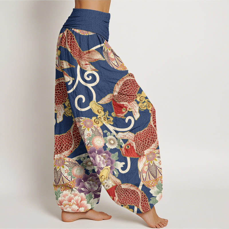 Pantalones harén con cintura elástica para mujer, estampado floral de koi y piedras de Buddha Stones - image 9