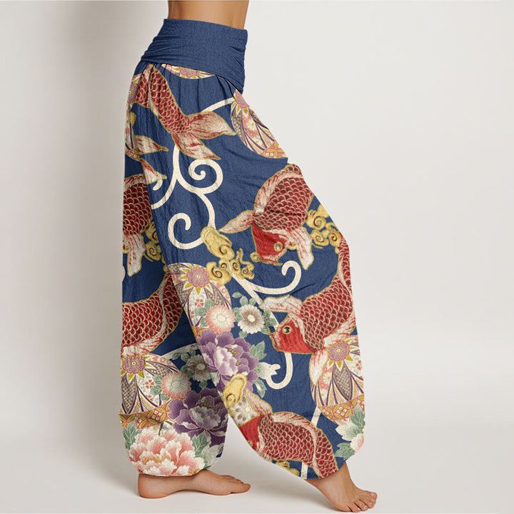 Pantalones harén con cintura elástica para mujer, estampado floral de koi y piedras de Buddha Stones - image 9
