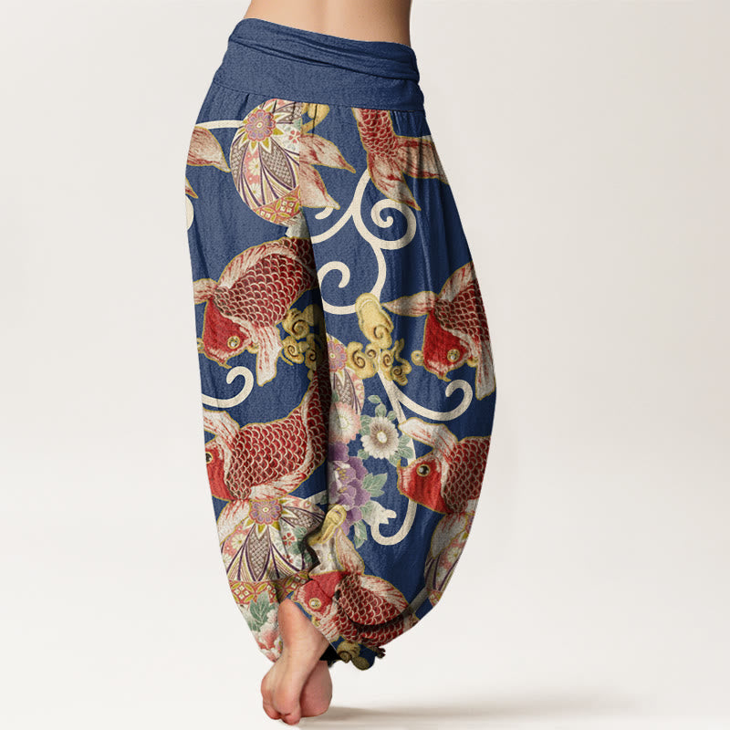 Pantalones harén con cintura elástica para mujer, estampado floral de koi y piedras de Buddha Stones - image 9