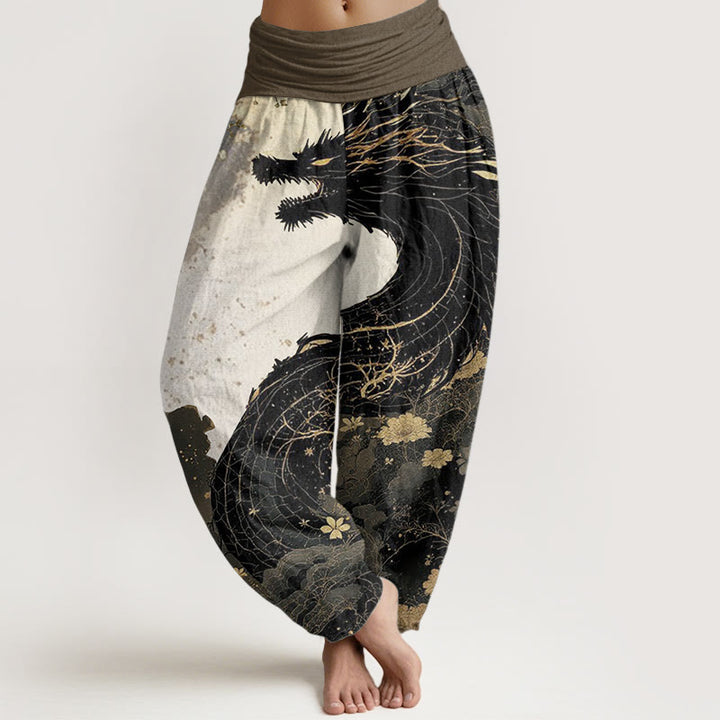 Pantalones Buddha Stones de algodón puro con estampado de dragón y árbol antiguo para mujer, cintura elástica
