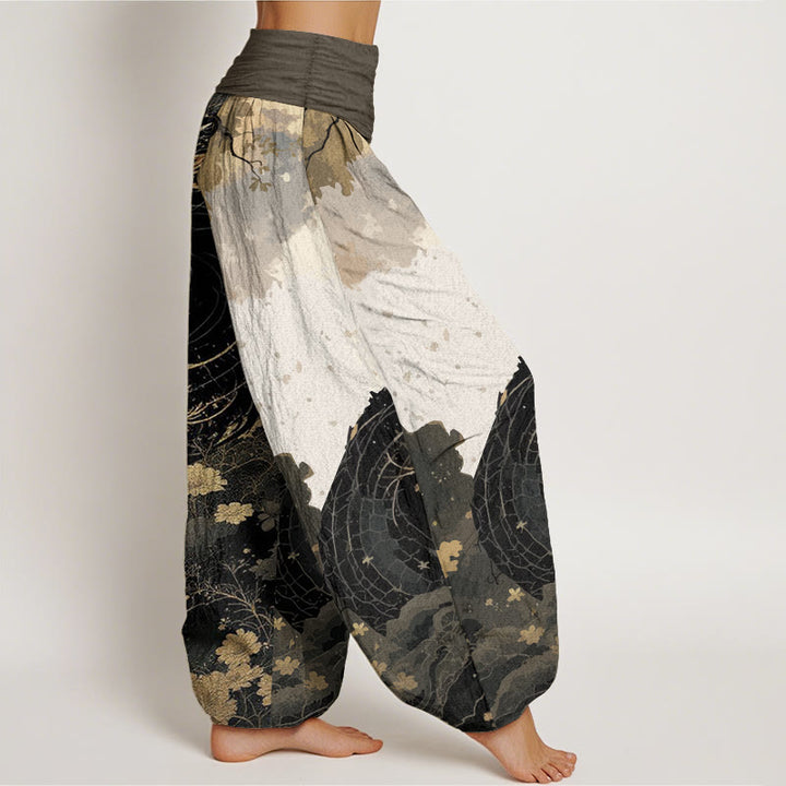 Pantalones Buddha Stones de algodón puro con estampado de dragón y árbol antiguo para mujer, cintura elástica
