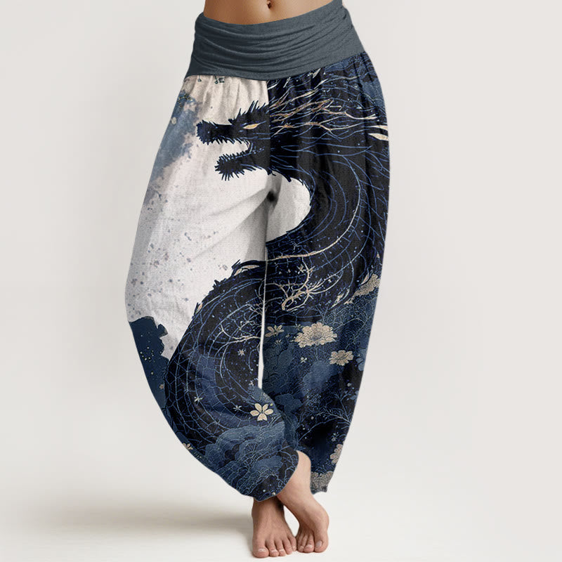 Pantalones Buddha Stones de algodón puro con estampado de dragón y árbol antiguo para mujer, cintura elástica