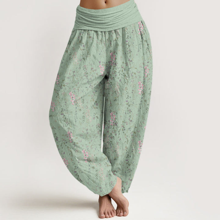 Pantalones harén con cintura elástica para mujer, con estampado de pequeñas flores y piedras de Buddha Stones - Aguamarina mediana - US22，UK/AU26，EU54 (6XL) - image 1