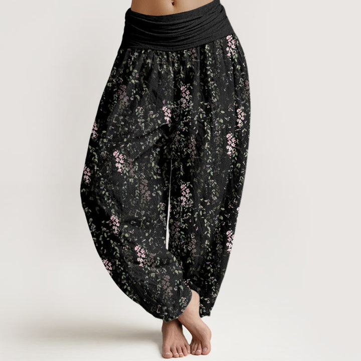 Pantalones harén con cintura elástica para mujer, con estampado de pequeñas flores y piedras de Buddha Stones - Negro - US22，UK/AU26，EU54 (6XL) - image 8