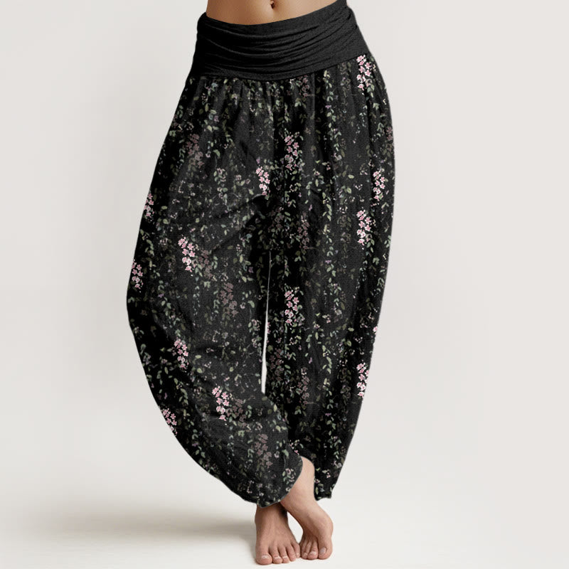 Pantalones harén con cintura elástica para mujer, con estampado de pequeñas flores y piedras de Buddha Stones - Negro - US22，UK/AU26，EU54 (6XL) - image 7