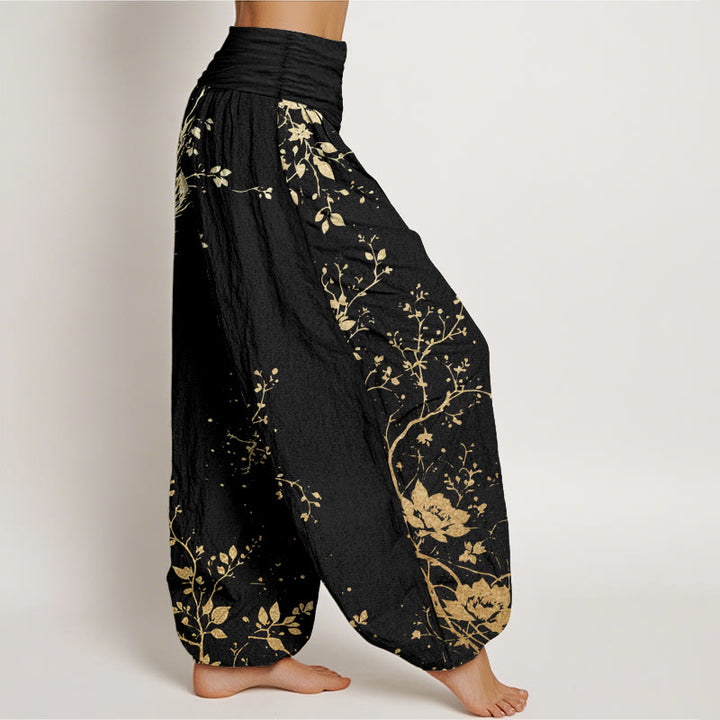 Pantalones harén de algodón puro con estampado de hojas y flores de dragón para mujer, cintura elástica, estilo casual, Buddha Stones - image 2