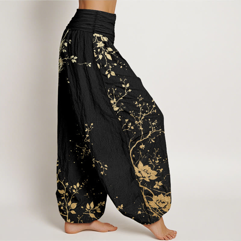 Pantalones harén de algodón puro con estampado de hojas y flores de dragón para mujer, cintura elástica, estilo casual, Buddha Stones - image 2
