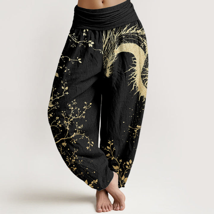 Pantalones harén de algodón puro con estampado de hojas y flores de dragón para mujer, cintura elástica, estilo casual, Buddha Stones - Negro - US22，UK/AU26，EU54 (6XL) - image 0