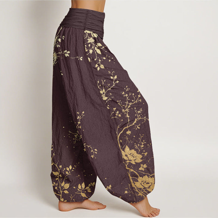 Pantalones harén de algodón puro con estampado de hojas y flores de dragón para mujer, cintura elástica, estilo casual, Buddha Stones