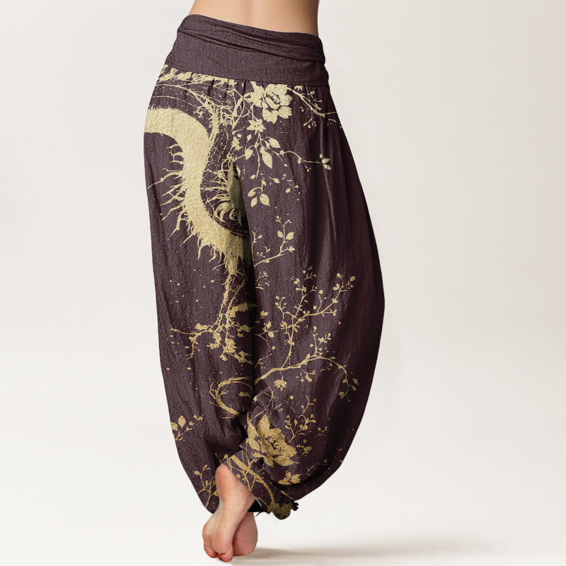 Pantalones harén de algodón puro con estampado de hojas y flores de dragón para mujer, cintura elástica, estilo casual, Buddha Stones - image 7