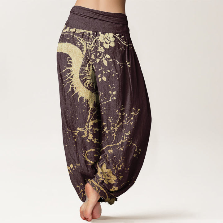Pantalones harén de algodón puro con estampado de hojas y flores de dragón para mujer, cintura elástica, estilo casual, Buddha Stones