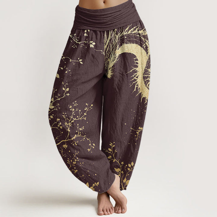 Pantalones harén de algodón puro con estampado de hojas y flores de dragón para mujer, cintura elástica, estilo casual, Buddha Stones