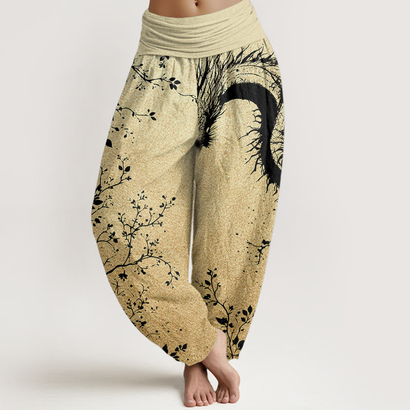 Pantalones harén de algodón puro con estampado de hojas y flores de dragón para mujer, cintura elástica, estilo casual, Buddha Stones