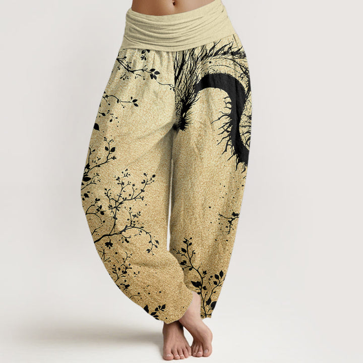 Pantalones harén de algodón puro con estampado de hojas y flores de dragón para mujer, cintura elástica, estilo casual, Buddha Stones