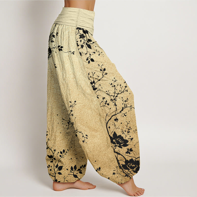 Pantalones harén de algodón puro con estampado de hojas y flores de dragón para mujer, cintura elástica, estilo casual, Buddha Stones