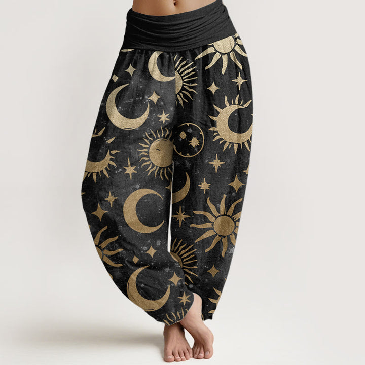 Pantalones Buddha Stones de algodón puro con diseño de luna creciente, sol y estrellas para mujer, con cintura elástica