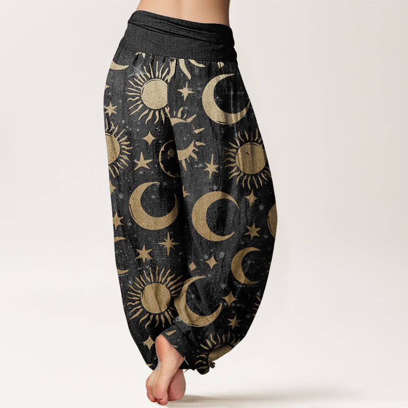 Pantalones Buddha Stones de algodón puro con diseño de luna creciente, sol y estrellas para mujer, con cintura elástica