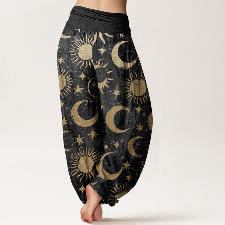 Pantalones Buddha Stones de algodón puro con diseño de luna creciente, sol y estrellas para mujer, con cintura elástica
