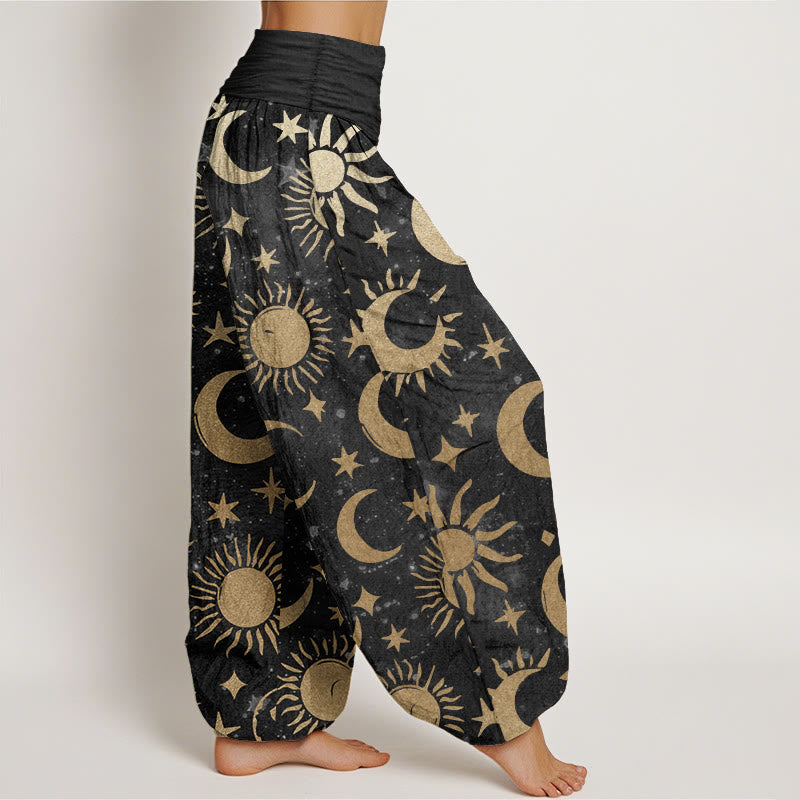 Pantalones Buddha Stones de algodón puro con diseño de luna creciente, sol y estrellas para mujer, con cintura elástica