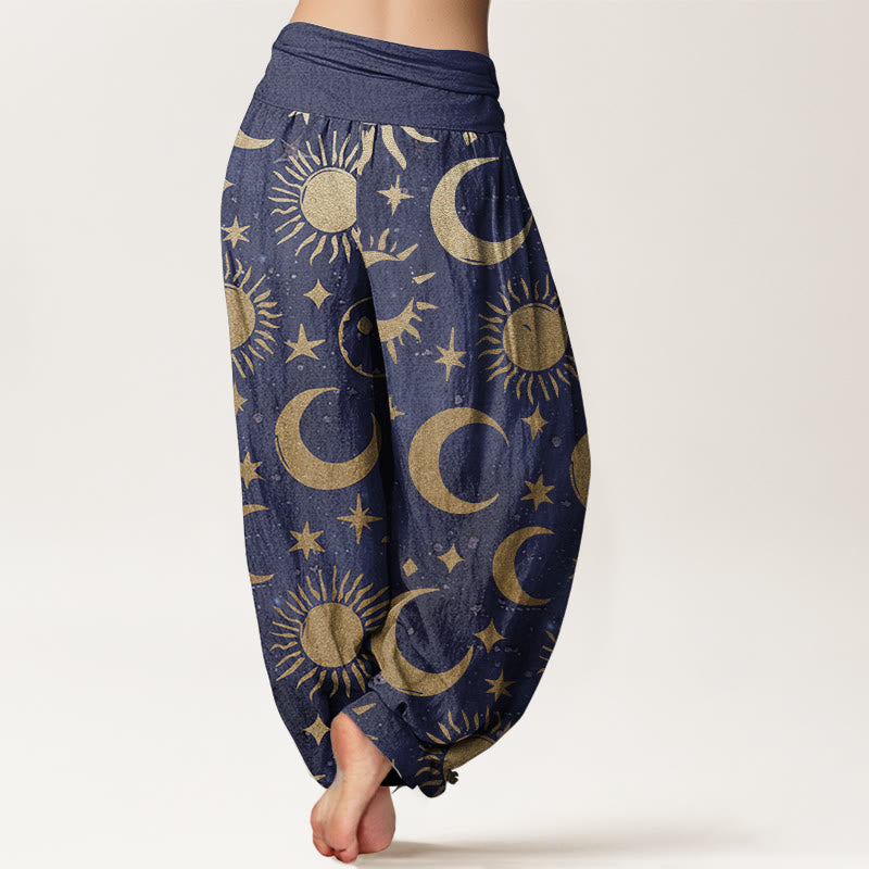 Pantalones Buddha Stones de algodón puro con diseño de luna creciente, sol y estrellas para mujer, con cintura elástica