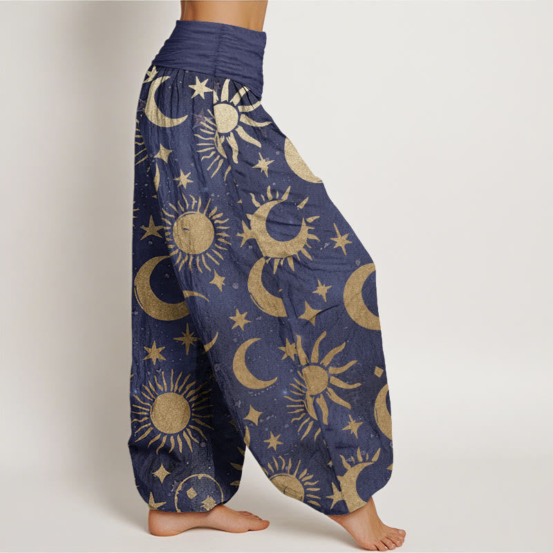 Pantalones Buddha Stones de algodón puro con diseño de luna creciente, sol y estrellas para mujer, con cintura elástica