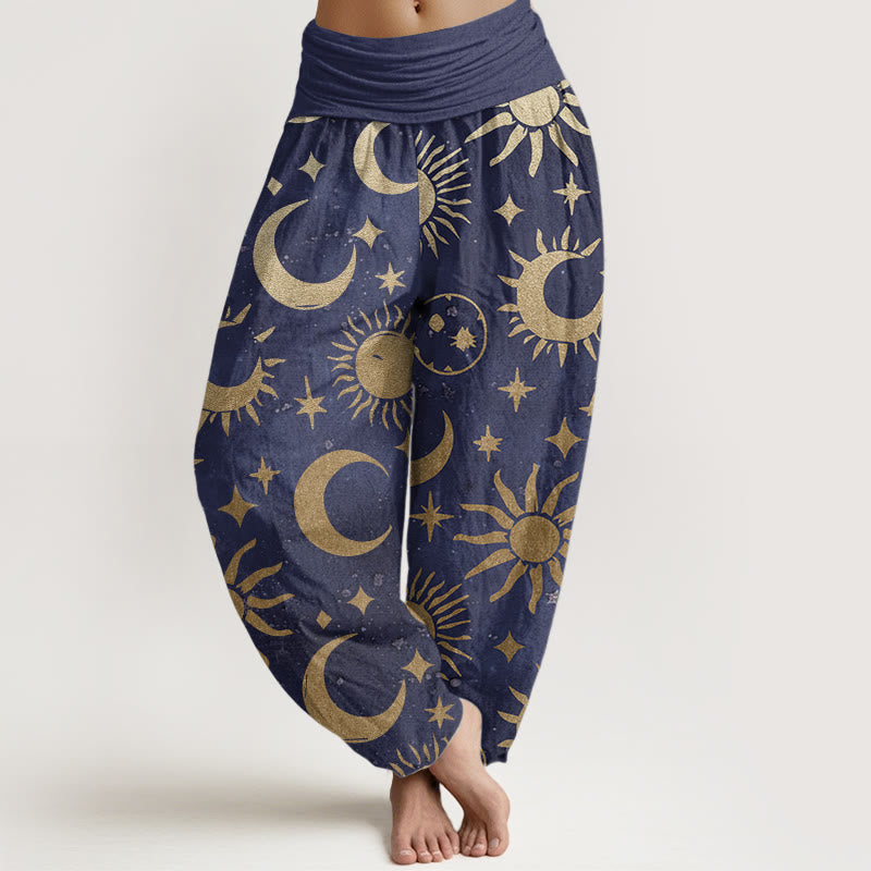 Pantalones Buddha Stones de algodón puro con diseño de luna creciente, sol y estrellas para mujer, con cintura elástica