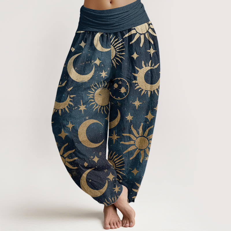Pantalones Buddha Stones de algodón puro con diseño de luna creciente, sol y estrellas para mujer, con cintura elástica