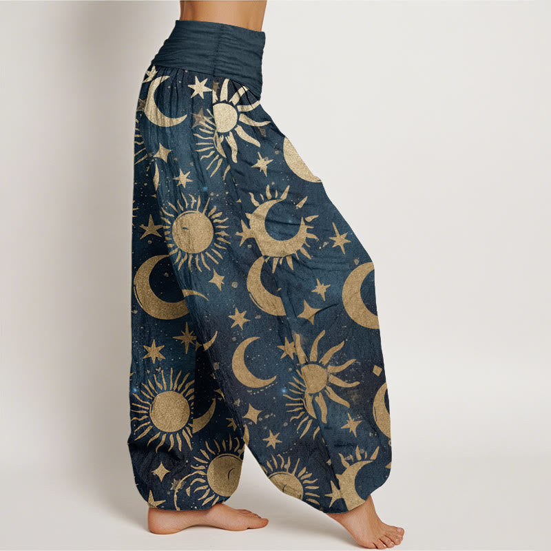 Pantalones Buddha Stones de algodón puro con diseño de luna creciente, sol y estrellas para mujer, con cintura elástica