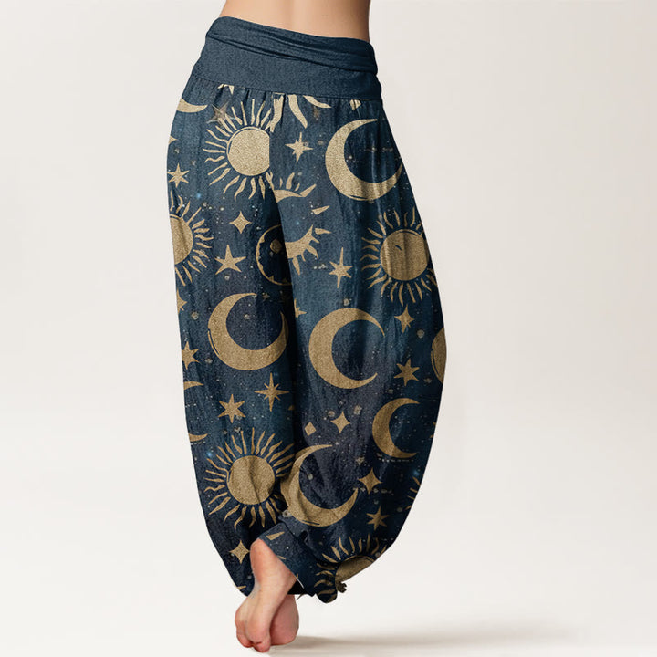 Pantalones Buddha Stones de algodón puro con diseño de luna creciente, sol y estrellas para mujer, con cintura elástica