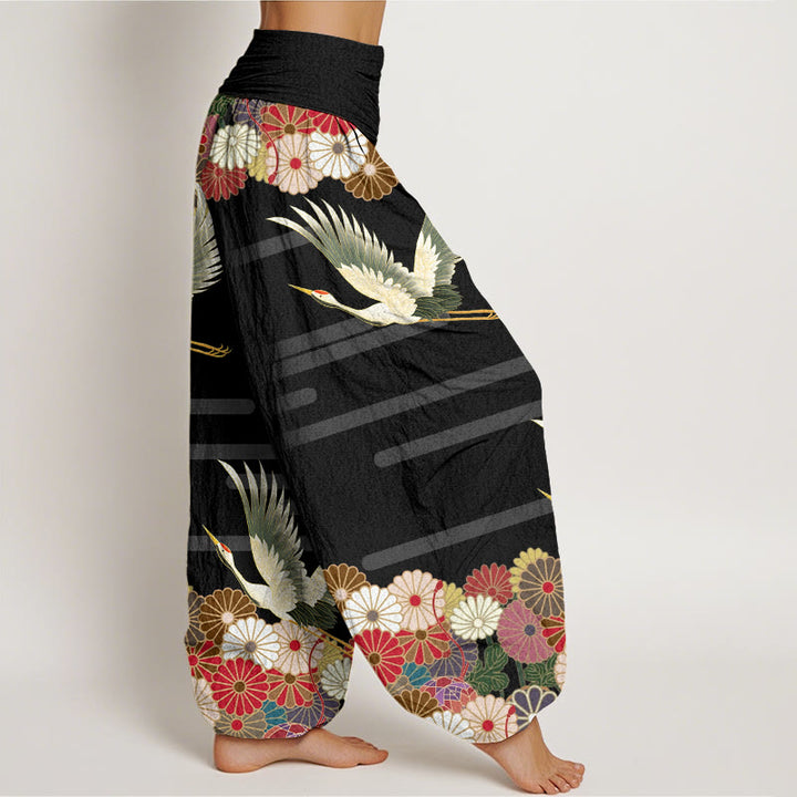 Pantalones harén de cintura elástica para mujer con estampado de crisantemo y grulla informal de Buddha Stones - image 1