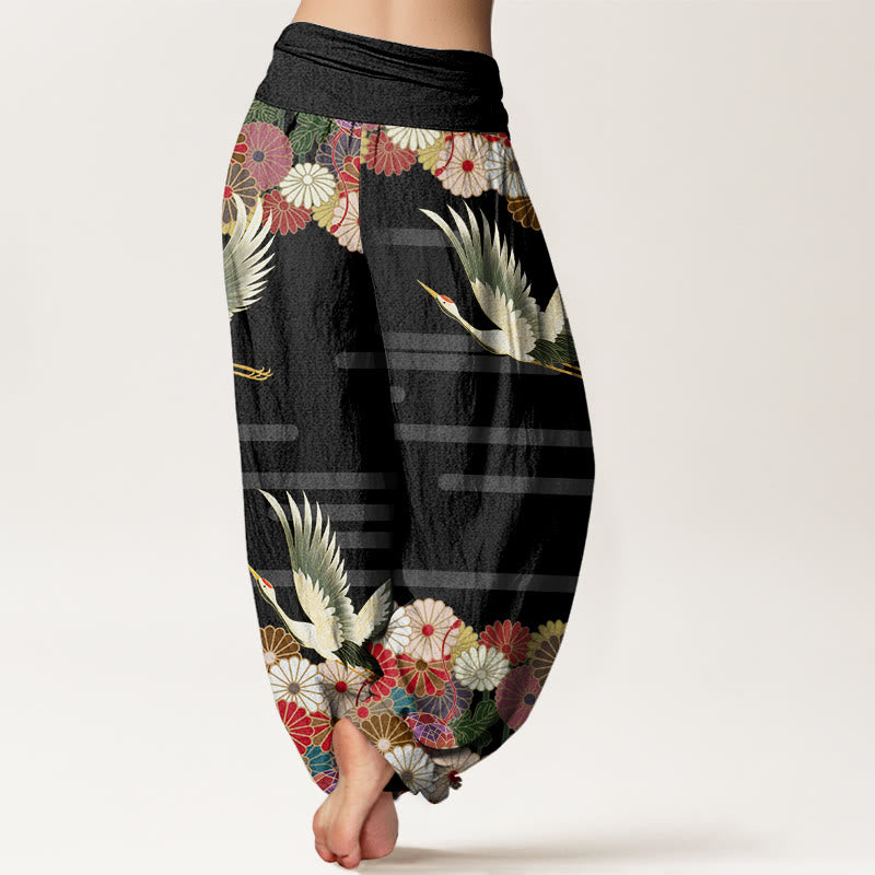 Pantalones harén de cintura elástica para mujer con estampado de crisantemo y grulla informal de Buddha Stones - image 3
