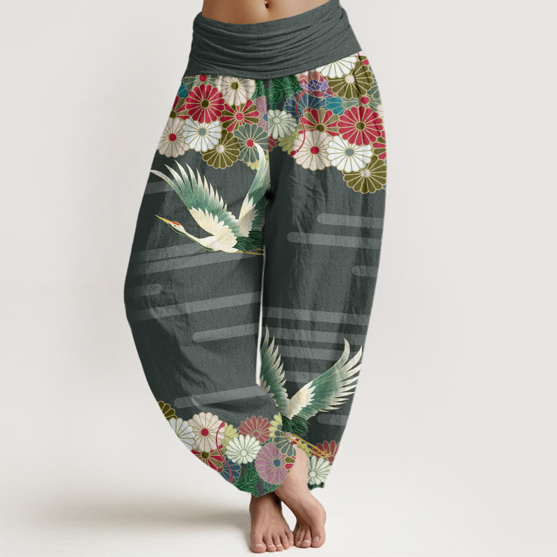 Pantalones harén de cintura elástica para mujer con estampado de crisantemo y grulla informal de Buddha Stones - Verdemar - US22，UK/AU26，EU54 (6XL) - image 4