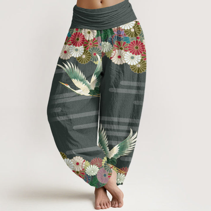 Pantalones harén de cintura elástica para mujer con estampado de crisantemo y grulla informal de Buddha Stones - Verdemar - US22，UK/AU26，EU54 (6XL) - image 4