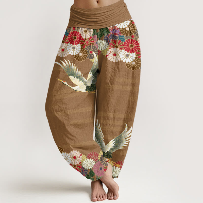 Pantalones harén de cintura elástica para mujer con estampado de crisantemo y grulla informal de Buddha Stones - Vara de oro oscura - US22，UK/AU26，EU54 (6XL) - image 8
