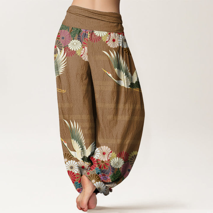 Pantalones harén de cintura elástica para mujer con estampado de crisantemo y grulla informal de Buddha Stones - image 9
