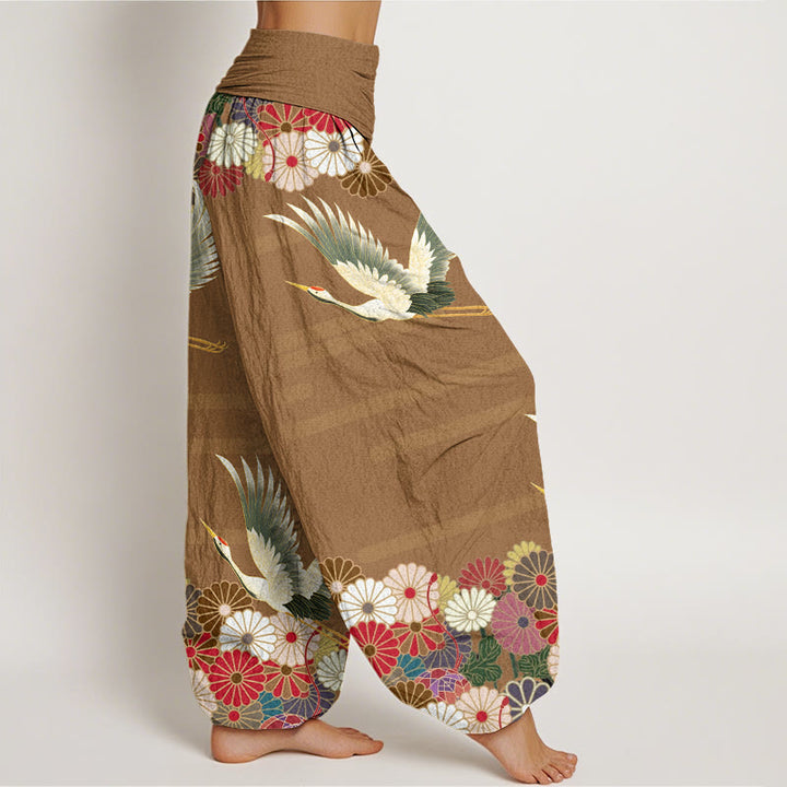 Pantalones harén de cintura elástica para mujer con estampado de crisantemo y grulla informal de Buddha Stones - image 9