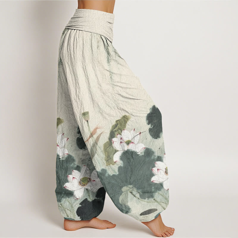 Pantalones harén con cintura elástica para mujer, con estampado de flor de loto y tinta informal de Buddha Stones - image 2