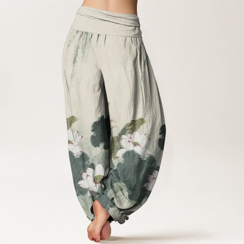 Pantalones harén con cintura elástica para mujer, con estampado de flor de loto y tinta informal de Buddha Stones - image 3