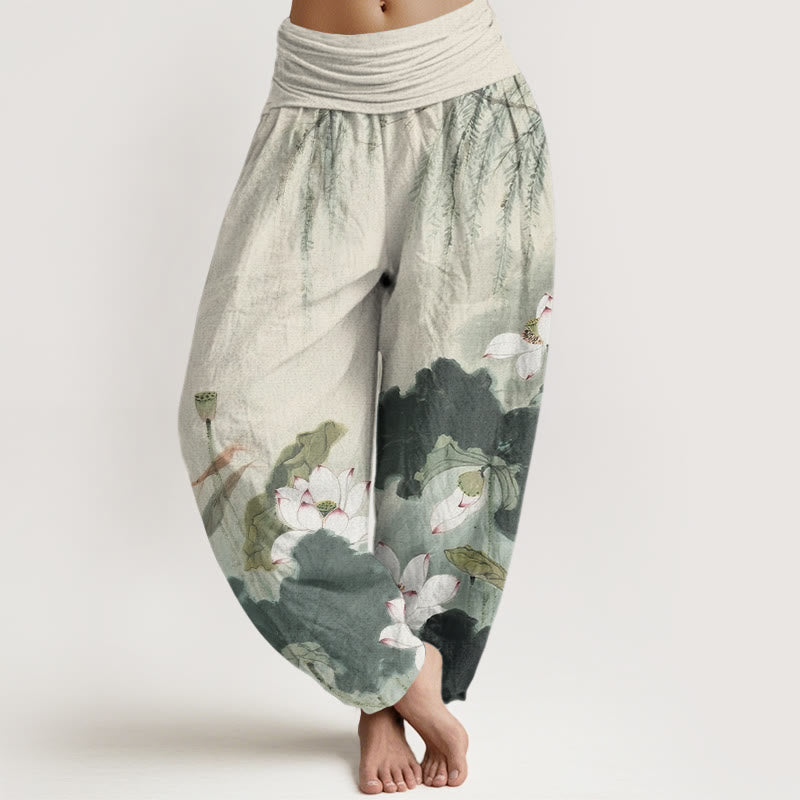 Pantalones harén con cintura elástica para mujer, con estampado de flor de loto y tinta informal de Buddha Stones - Verde mar oscuro - US22，UK/AU26，EU54 (6XL) - image 0