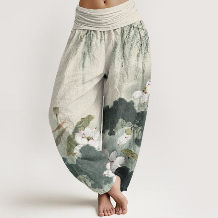 Pantalones harén con cintura elástica para mujer, con estampado de flor de loto y tinta informal de Buddha Stones - Verde mar oscuro - US22，UK/AU26，EU54 (6XL) - image 0