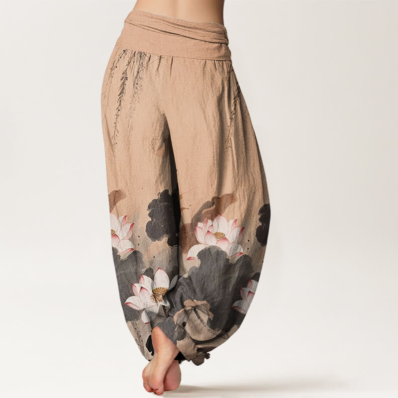 Pantalones harén con cintura elástica para mujer, con estampado de flor de loto y tinta informal de Buddha Stones - image 7