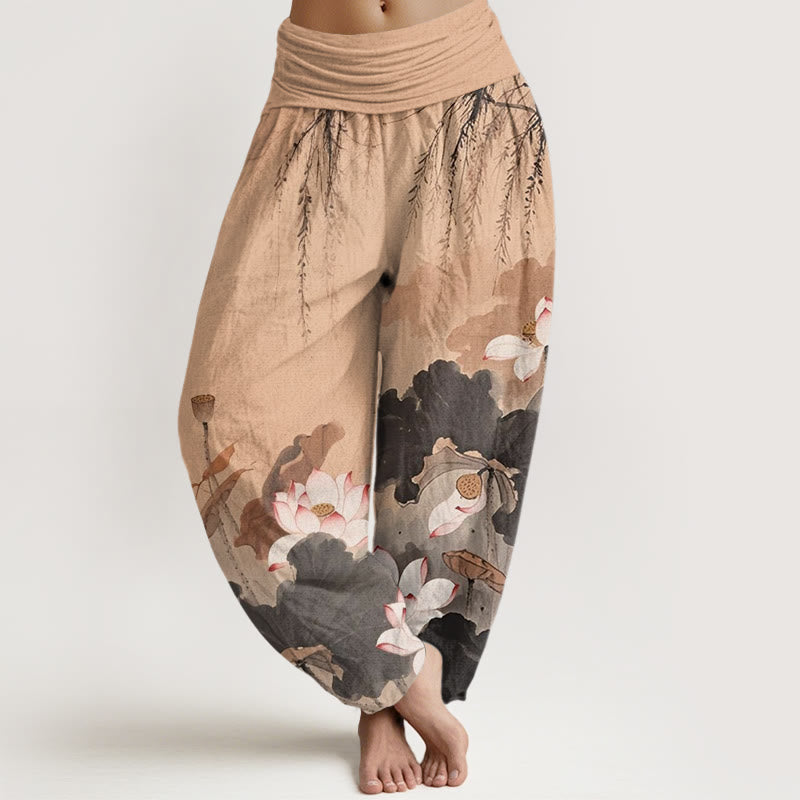 Pantalones harén con cintura elástica para mujer, con estampado de flor de loto y tinta informal de Buddha Stones - PeachPuff - US22，UK/AU26，EU54 (6XL) - image 4