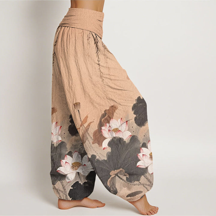 Pantalones harén con cintura elástica para mujer, con estampado de flor de loto y tinta informal de Buddha Stones - image 6