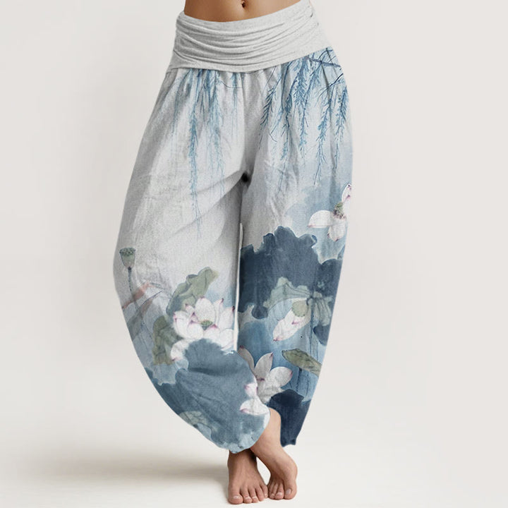 Pantalones harén con cintura elástica para mujer, con estampado de flor de loto y tinta informal de Buddha Stones - Celeste - US22，UK/AU26，EU54 (6XL) - image 8