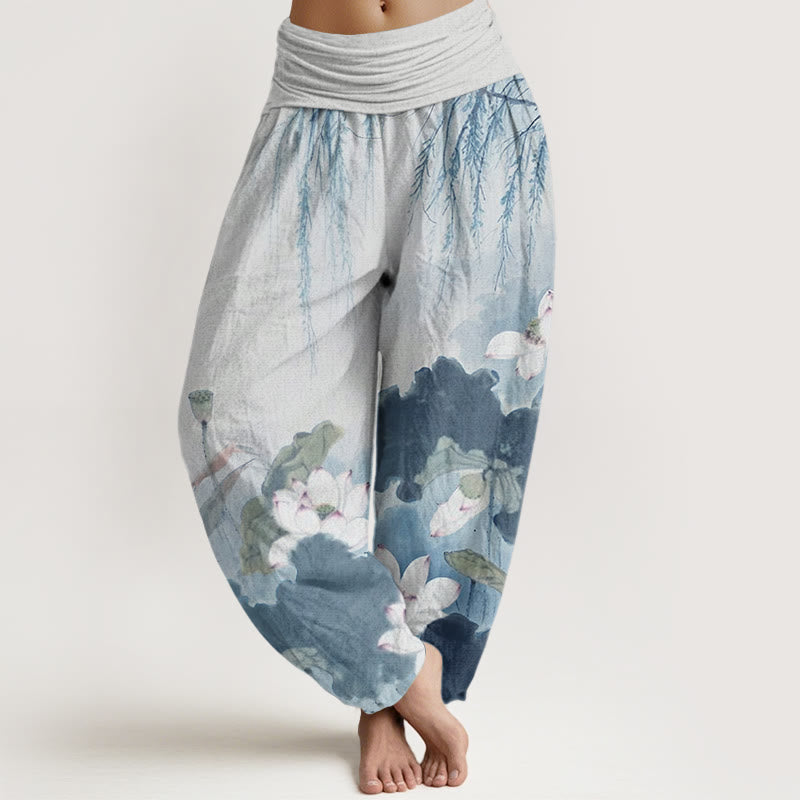 Pantalones harén con cintura elástica para mujer, con estampado de flor de loto y tinta informal de Buddha Stones - Celeste - US22，UK/AU26，EU54 (6XL) - image 7