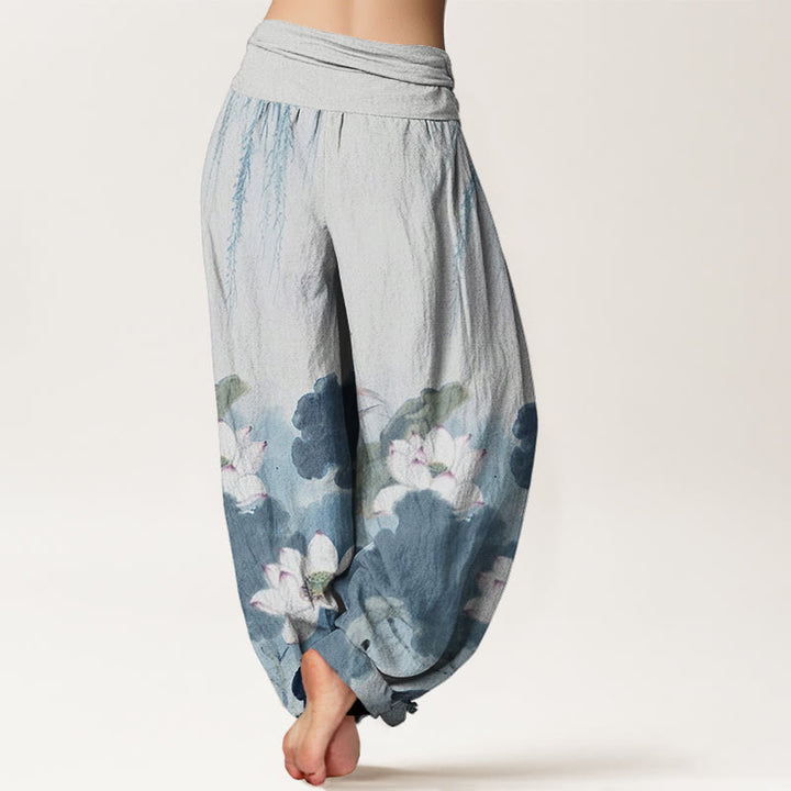 Pantalones harén con cintura elástica para mujer, con estampado de flor de loto y tinta informal de Buddha Stones - image 9